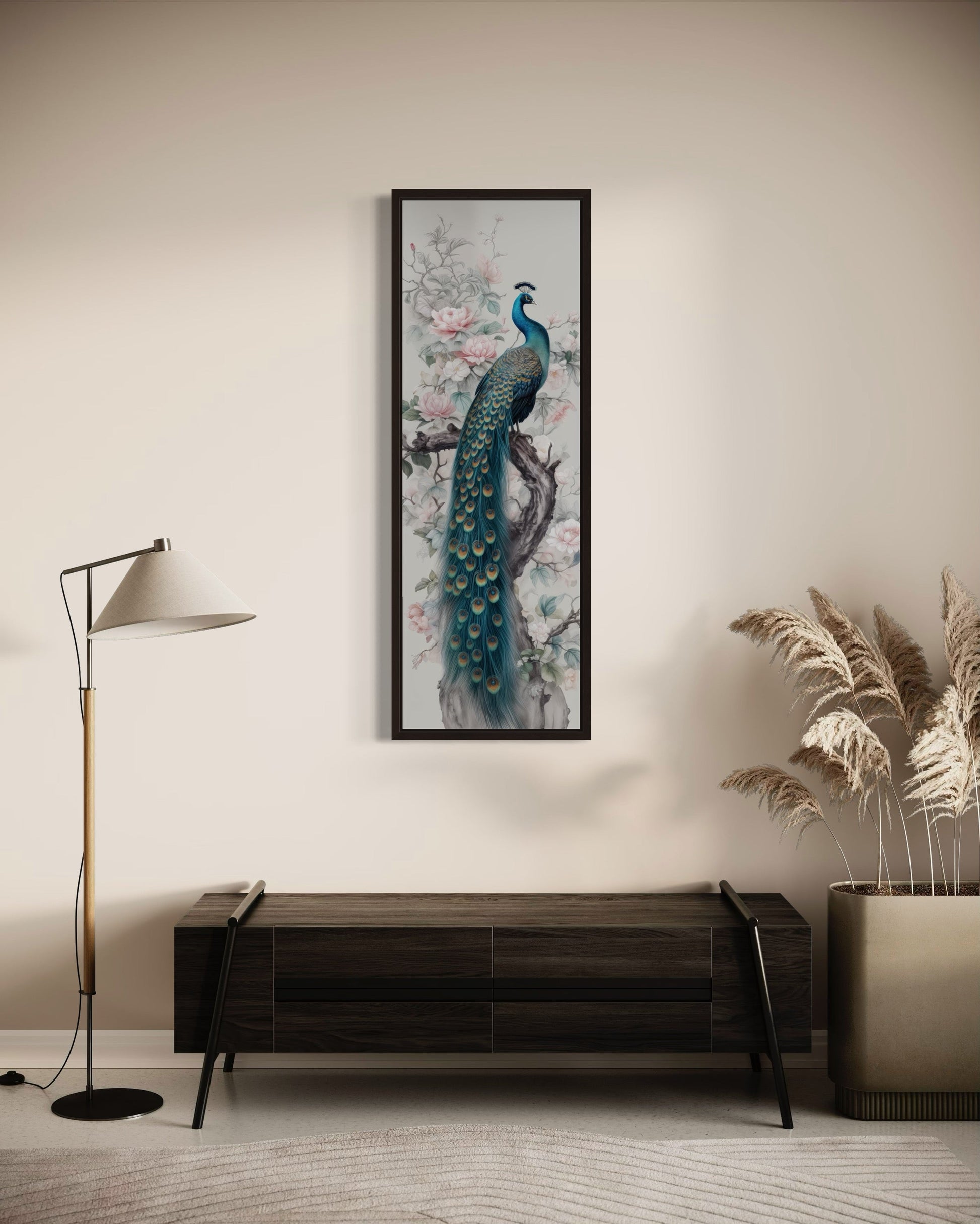 Tall Narrow Chinoiserie Peacock Vertical Framed Canvas Wall Art