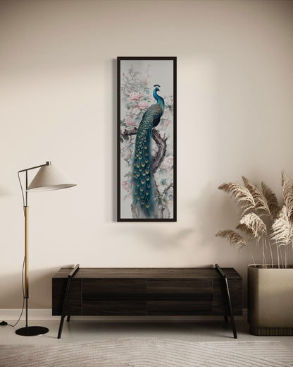 Tall Narrow Chinoiserie Peacock Vertical Framed Canvas Wall Art