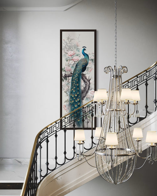 Tall Narrow Chinoiserie Peacock Vertical Framed Canvas Wall Art