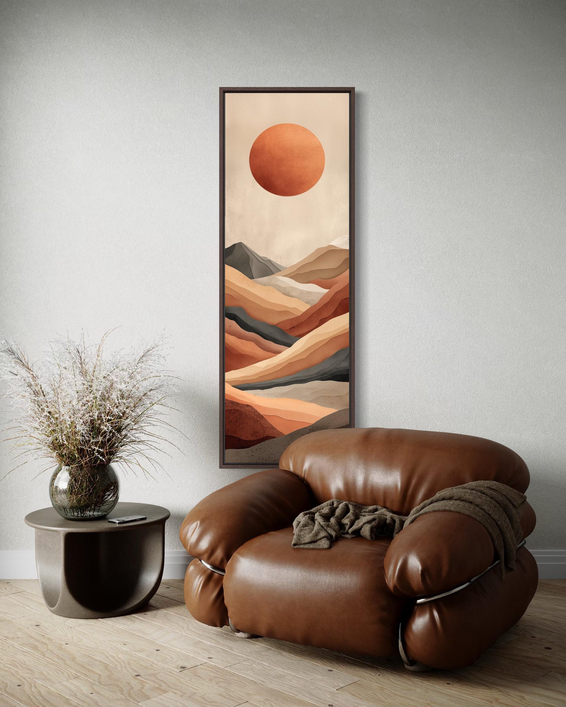 Tall Narrow Desert And Sun Wall Art | Vertical Canvas Print – Terracotta Landscape With Modern Mountain Horizon