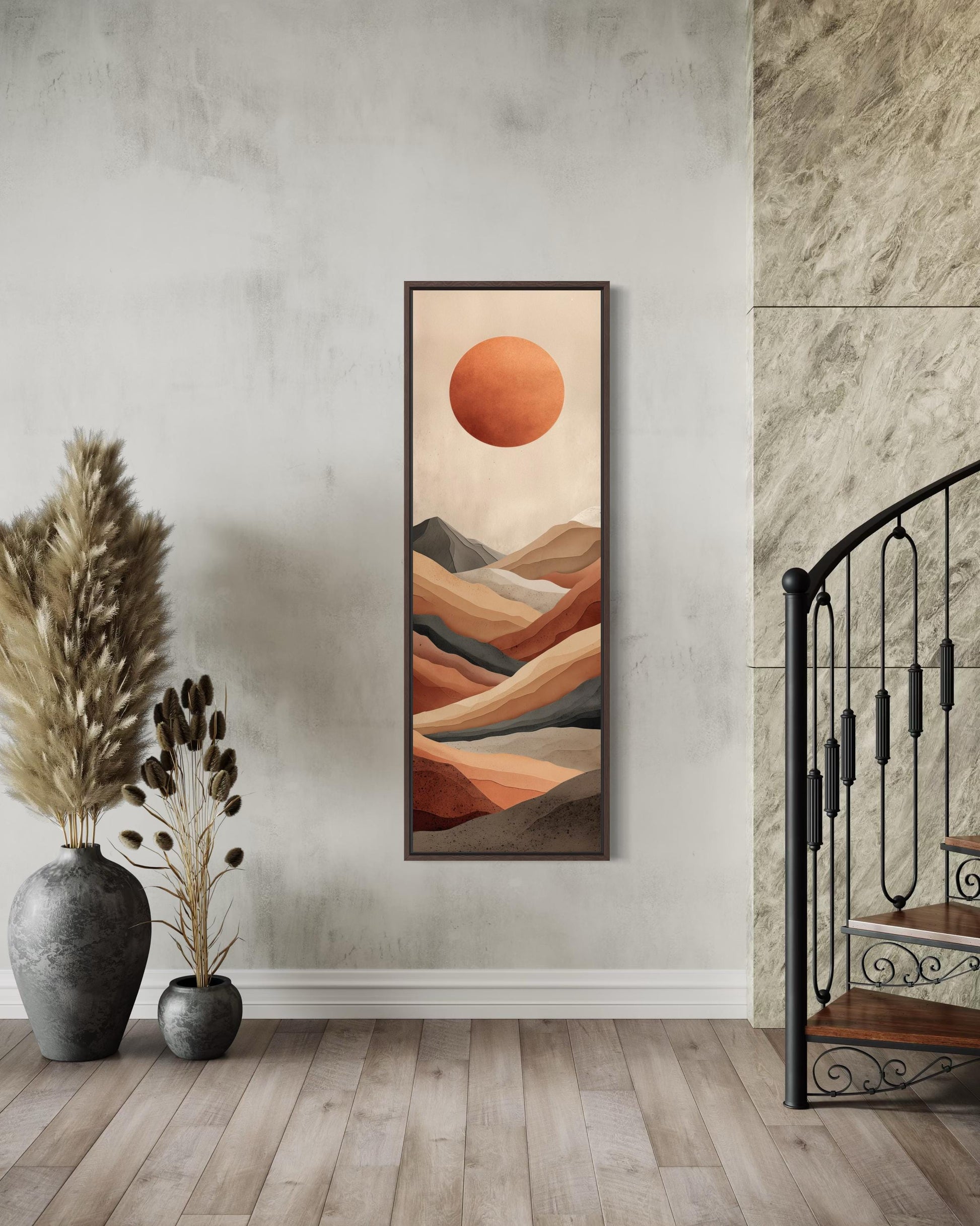 Tall Narrow Desert And Sun Wall Art | Vertical Canvas Print – Terracotta Landscape With Modern Mountain Horizon