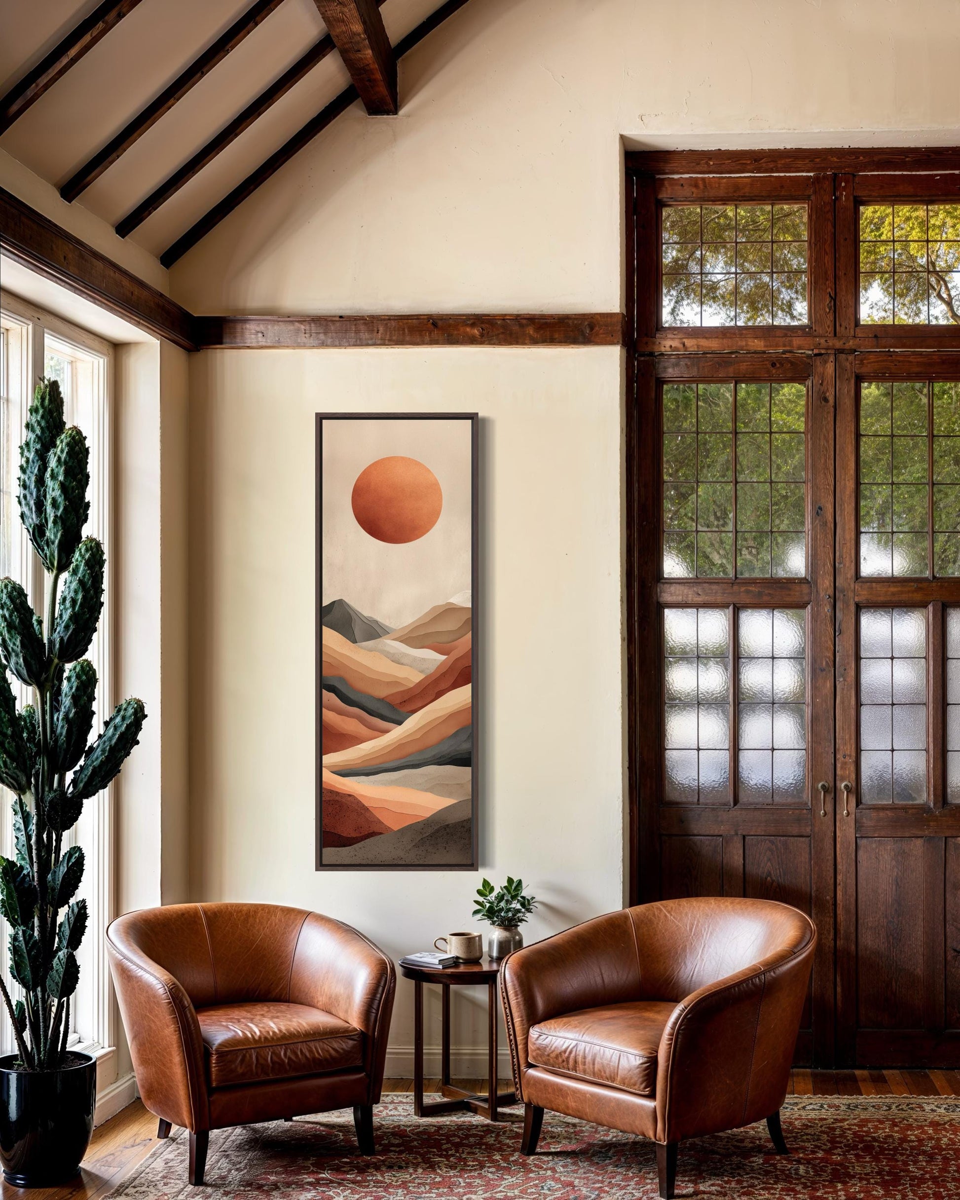 Tall Narrow Desert And Sun Wall Art | Vertical Canvas Print – Terracotta Landscape With Modern Mountain Horizon