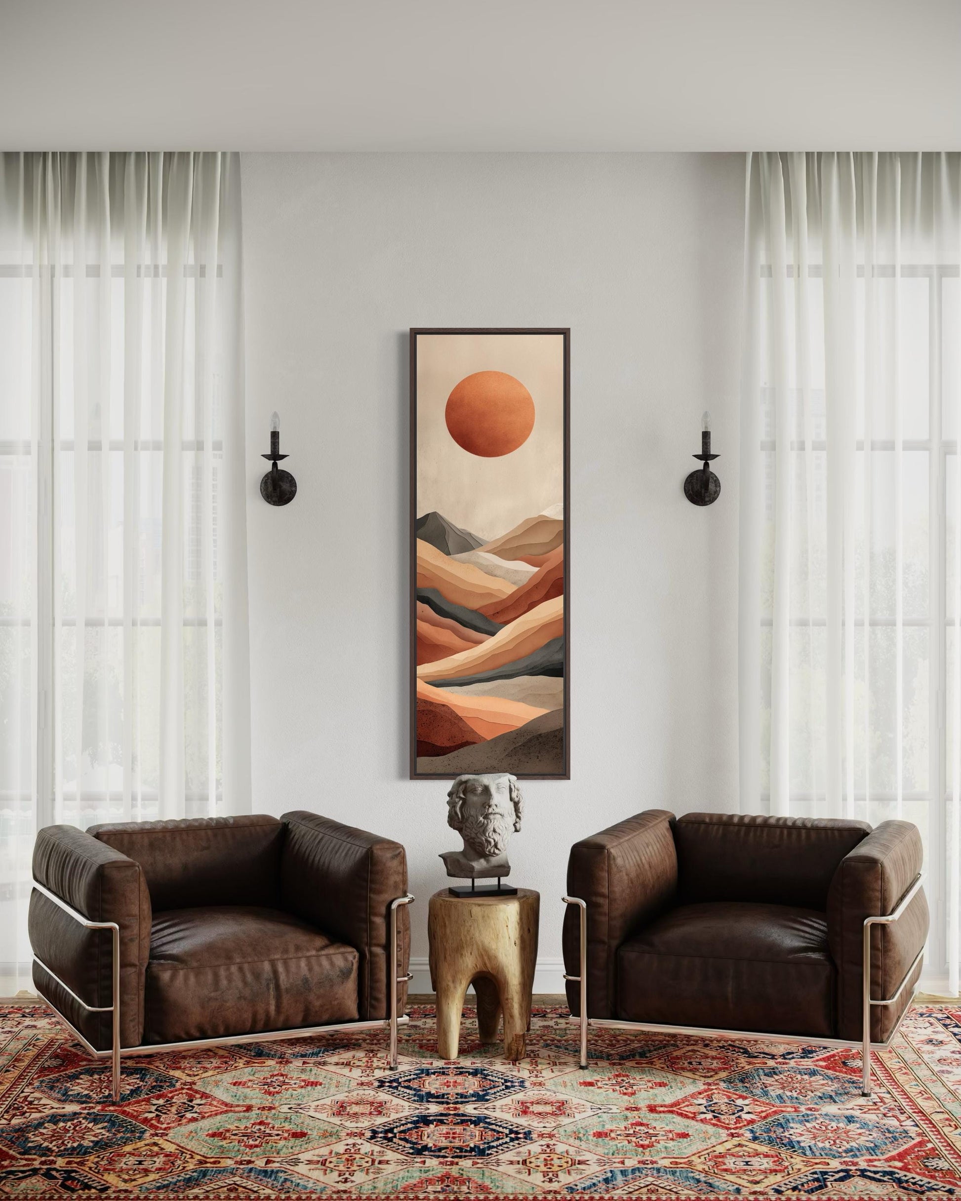 Tall Narrow Desert And Sun Wall Art | Vertical Canvas Print – Terracotta Landscape With Modern Mountain Horizon