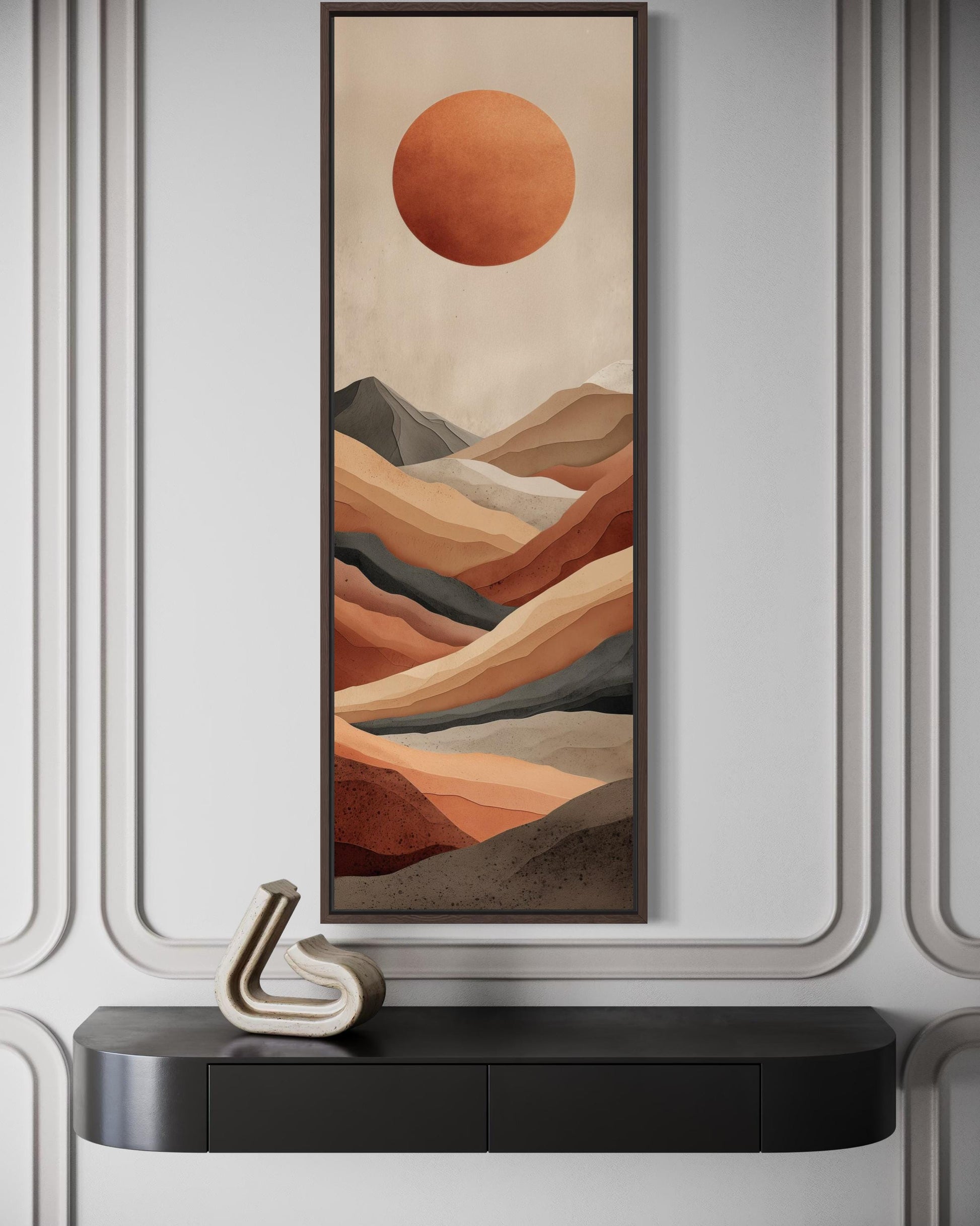 Tall Narrow Desert And Sun Wall Art | Vertical Canvas Print – Terracotta Landscape With Modern Mountain Horizon
