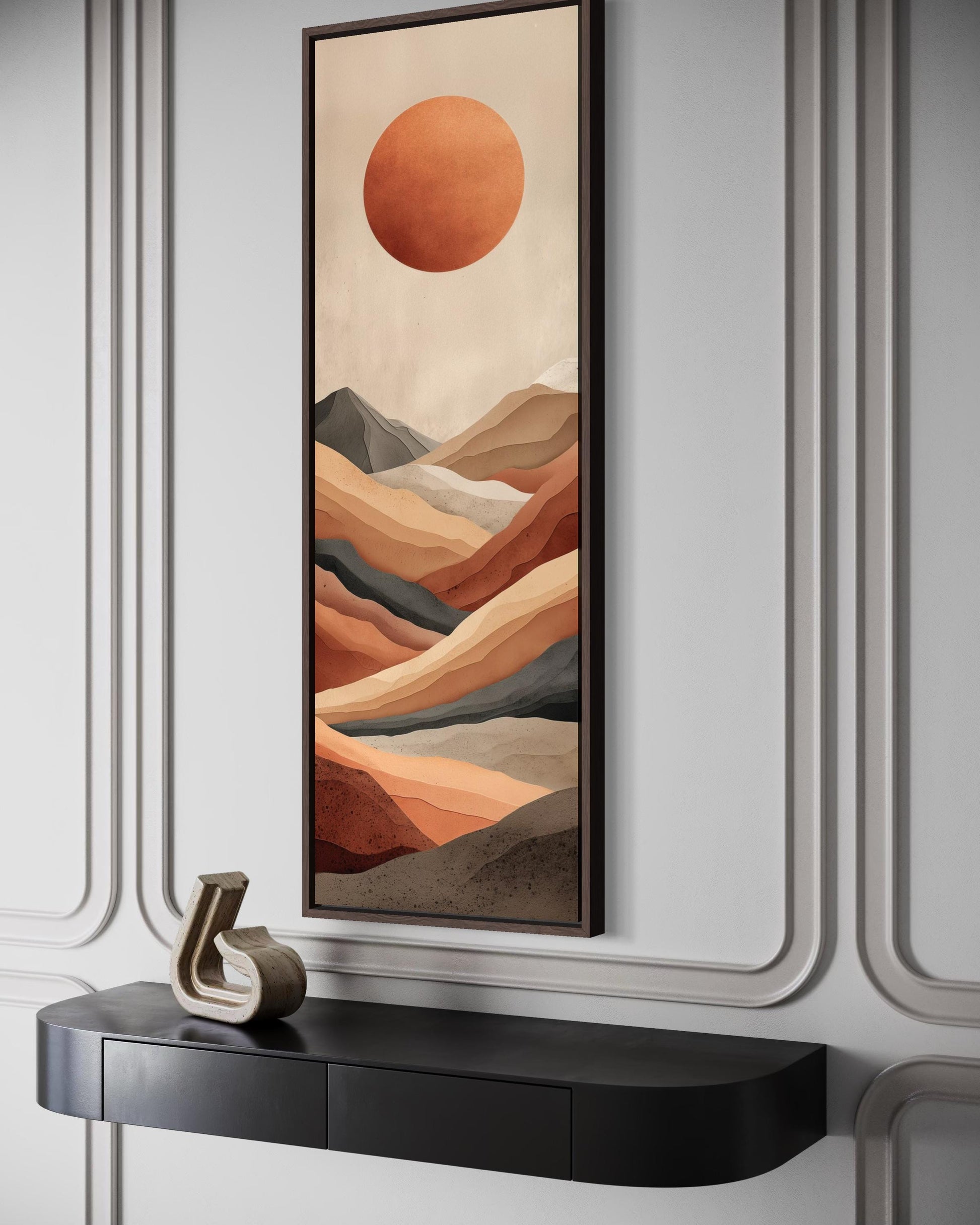Tall Narrow Desert And Sun Wall Art | Vertical Canvas Print – Terracotta Landscape With Modern Mountain Horizon