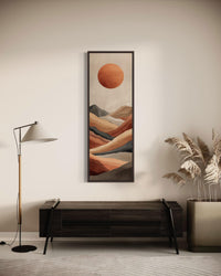 Tall Narrow Desert And Sun Wall Art | Vertical Canvas Print – Terracotta Landscape With Modern Mountain Horizon