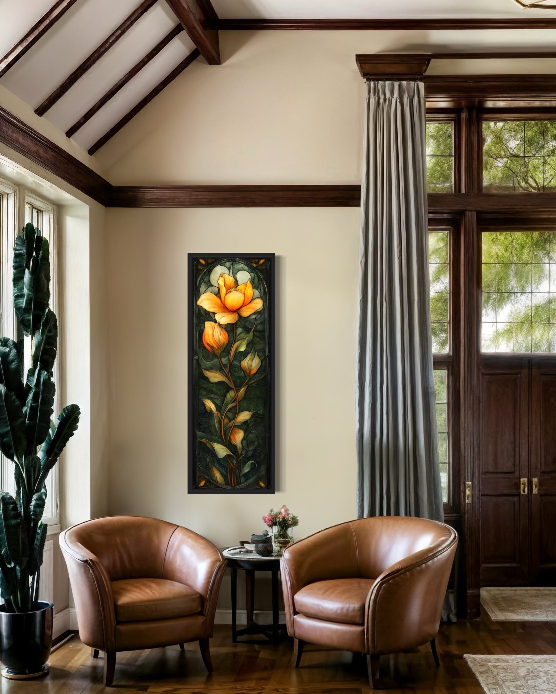 Tall Narrow Emerald Green Gold Floral Vertical Framed Canvas Wall Art