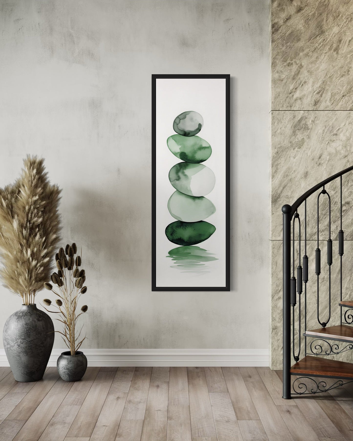 Tall Narrow Forest Green White Stacked Rocks Vertical Framed Canvas Wall Art