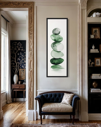 Tall Narrow Forest Green White Stacked Rocks Vertical Framed Canvas Wall Art