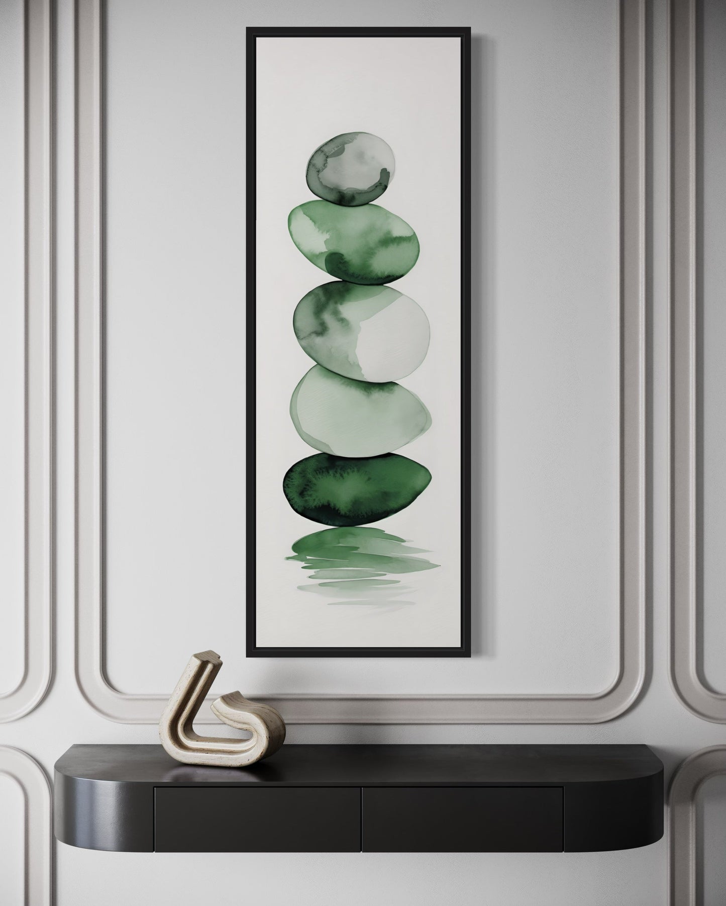 Tall Narrow Forest Green White Stacked Rocks Vertical Framed Canvas Wall Art