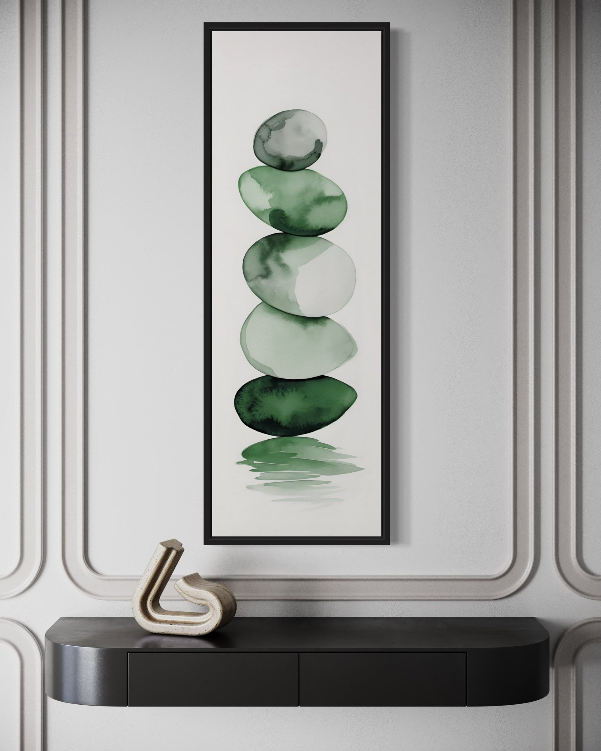 Tall Narrow Forest Green White Stacked Rocks Vertical Framed Canvas Wall Art