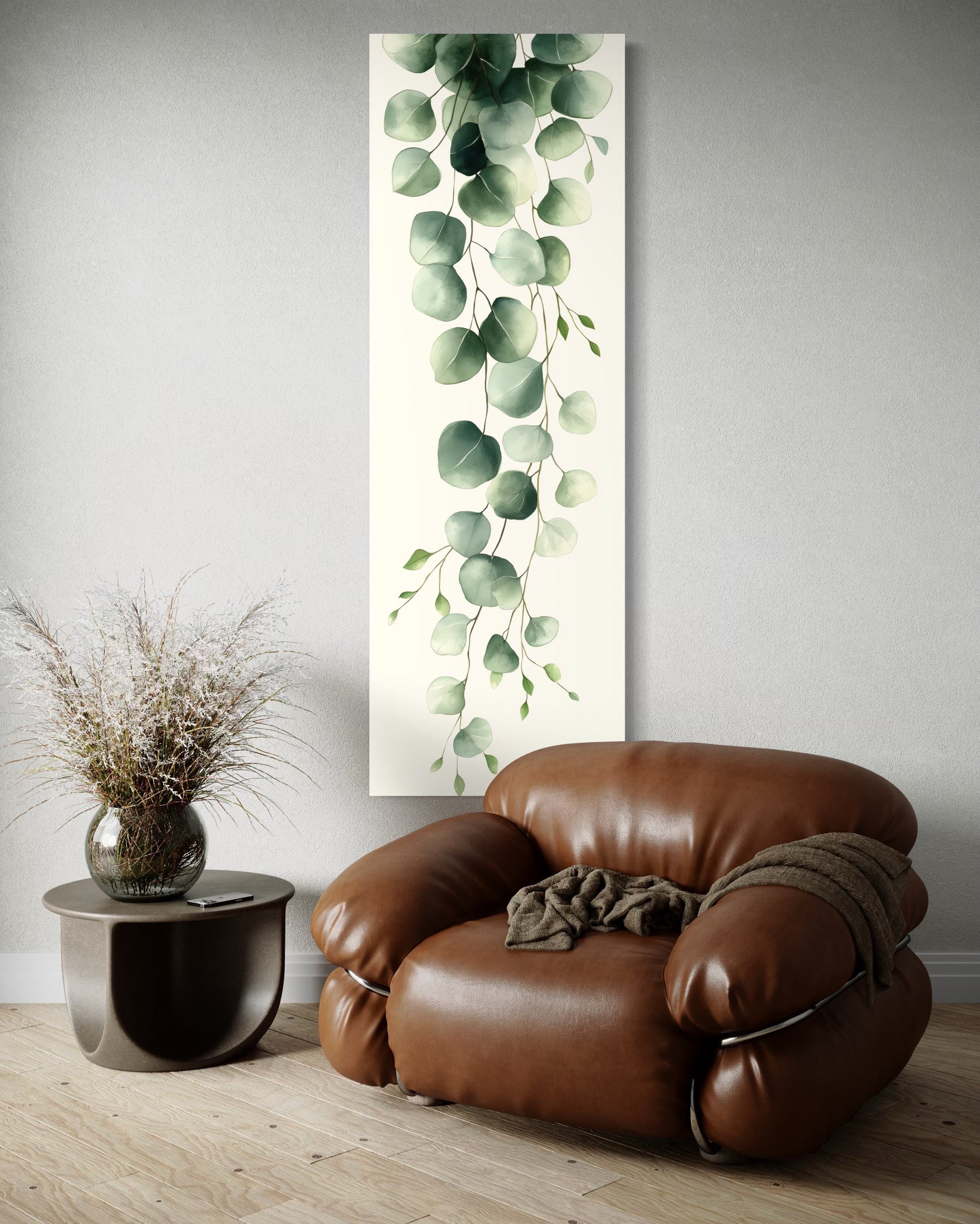Tall Narrow Green Leaves Minimalist Vertical Framed Canvas Wall Art