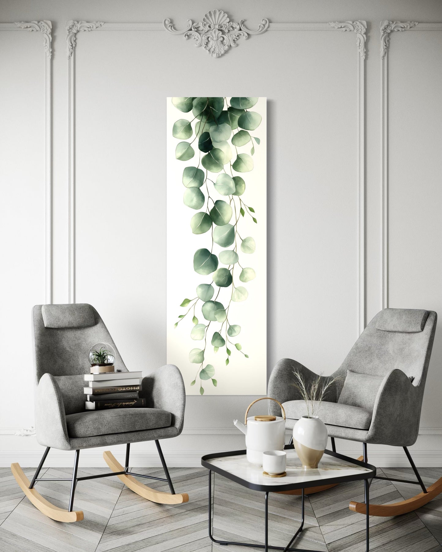 Tall Narrow Green Leaves Minimalist Vertical Framed Canvas Wall Art