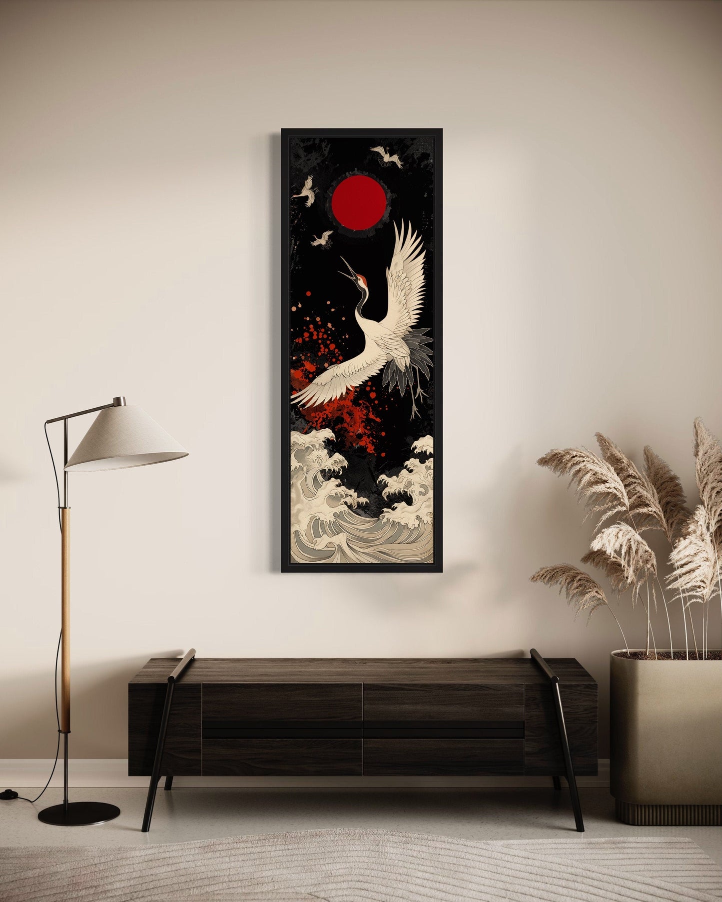 Tall Narrow Japanese Crane Red Black White Framed Canvas Wall Art