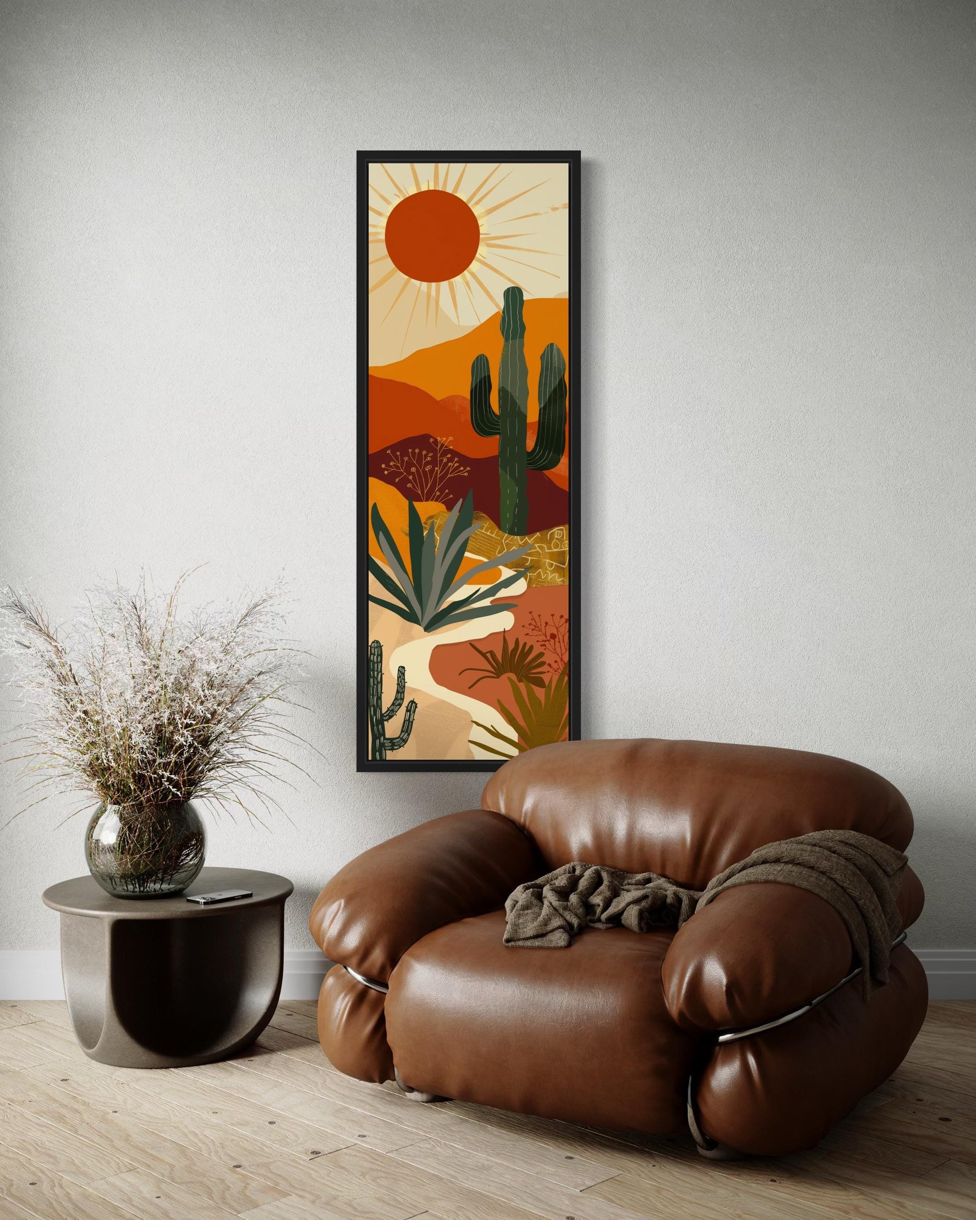 Tall Narrow Mid Century Modern Desert Framed Canvas Wall Art