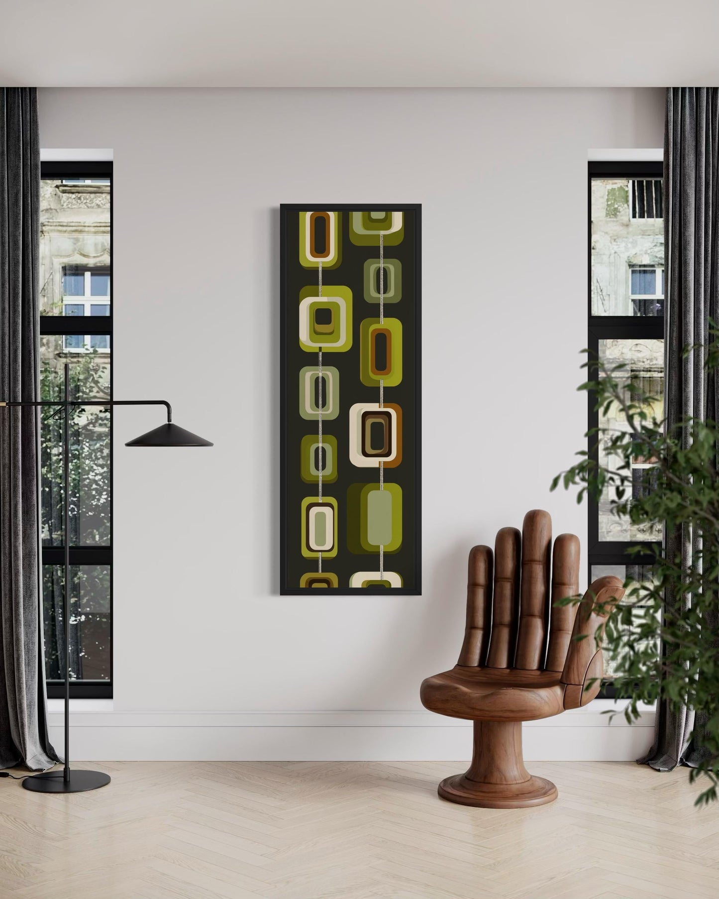 Tall Narrow Mid Century Modern Olive Green Wall Art – Geometric Vertical Canvas Print