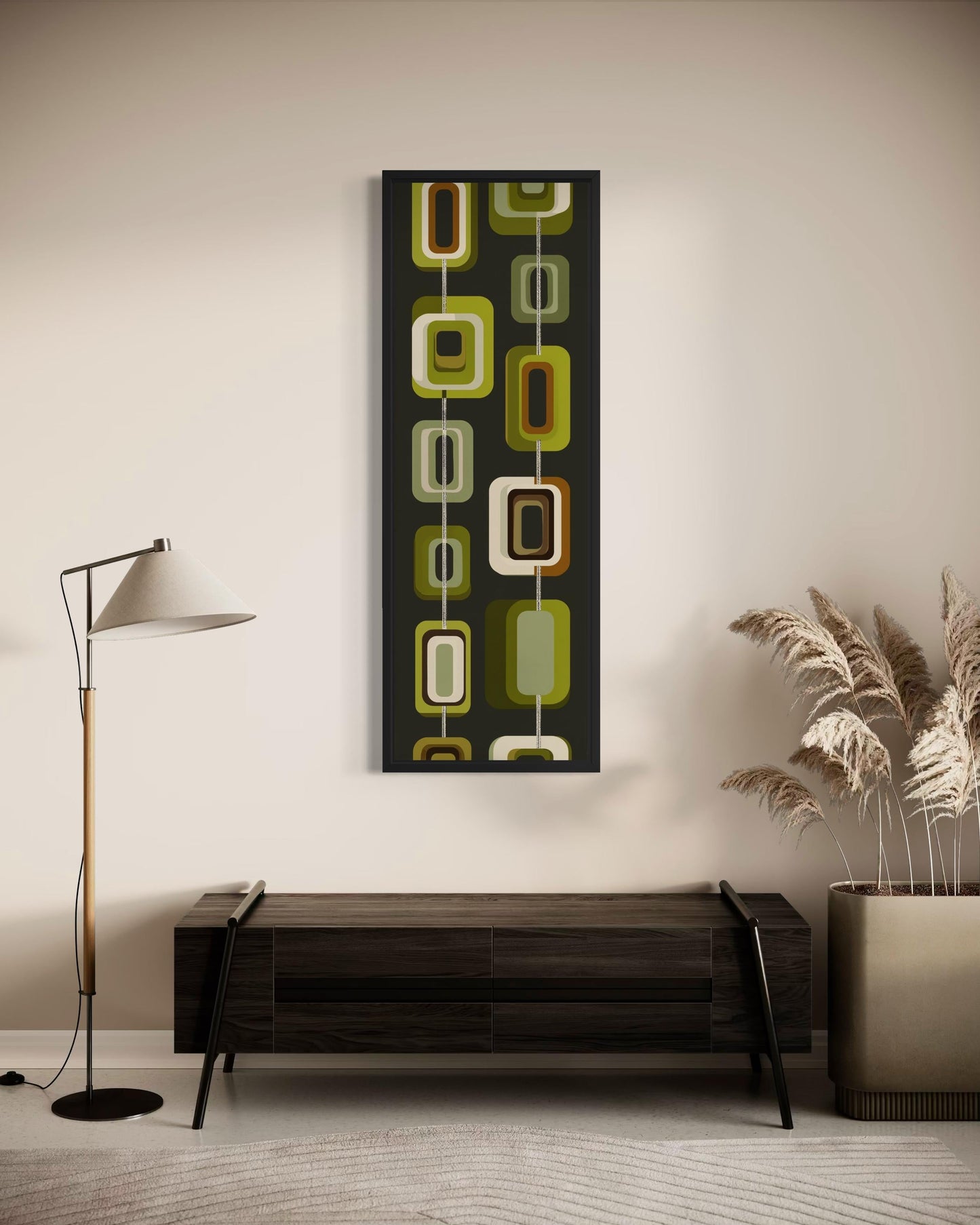 Tall Narrow Mid Century Modern Olive Green Wall Art – Geometric Vertical Canvas Print