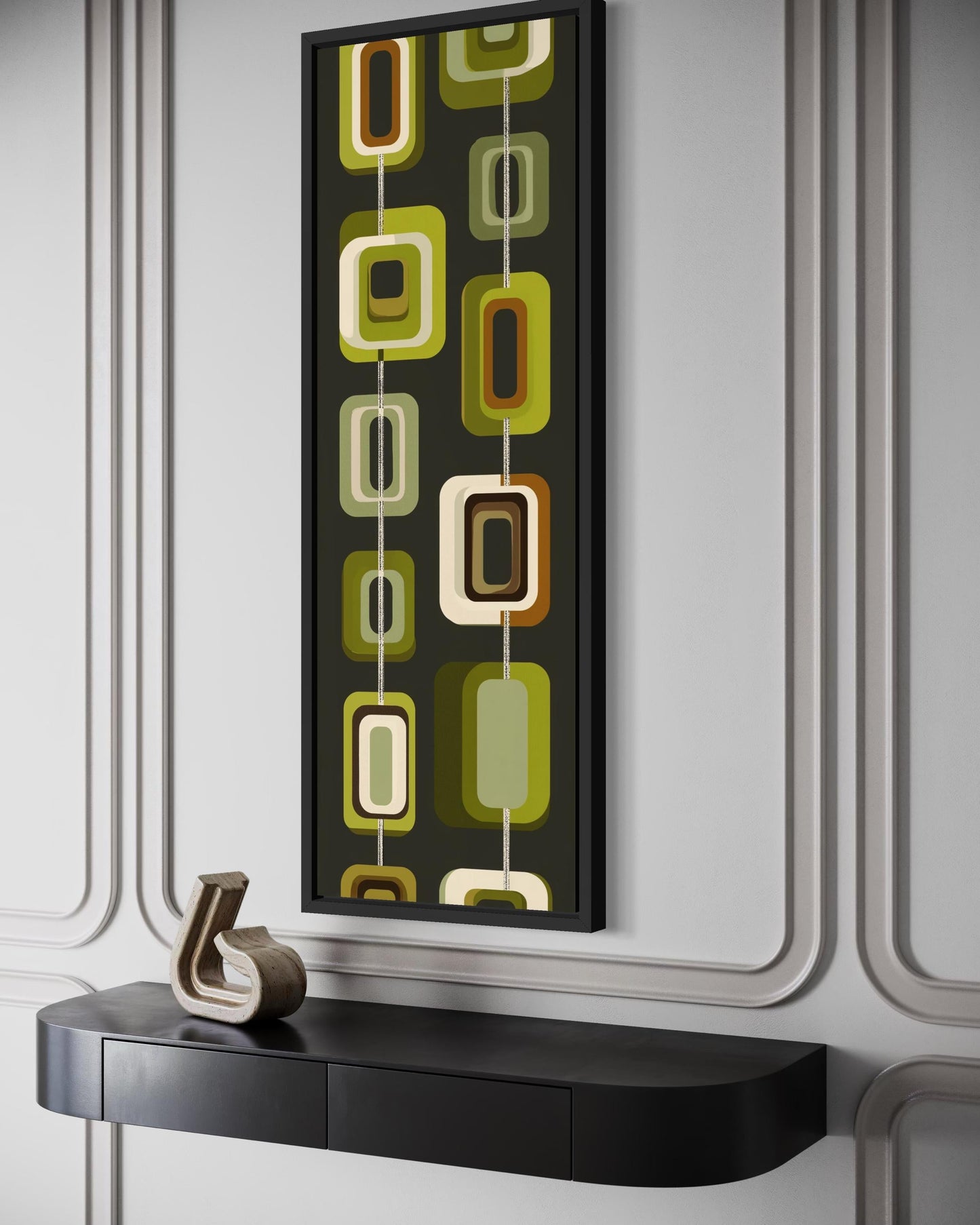 Tall Narrow Mid Century Modern Olive Green Wall Art – Geometric Vertical Canvas Print