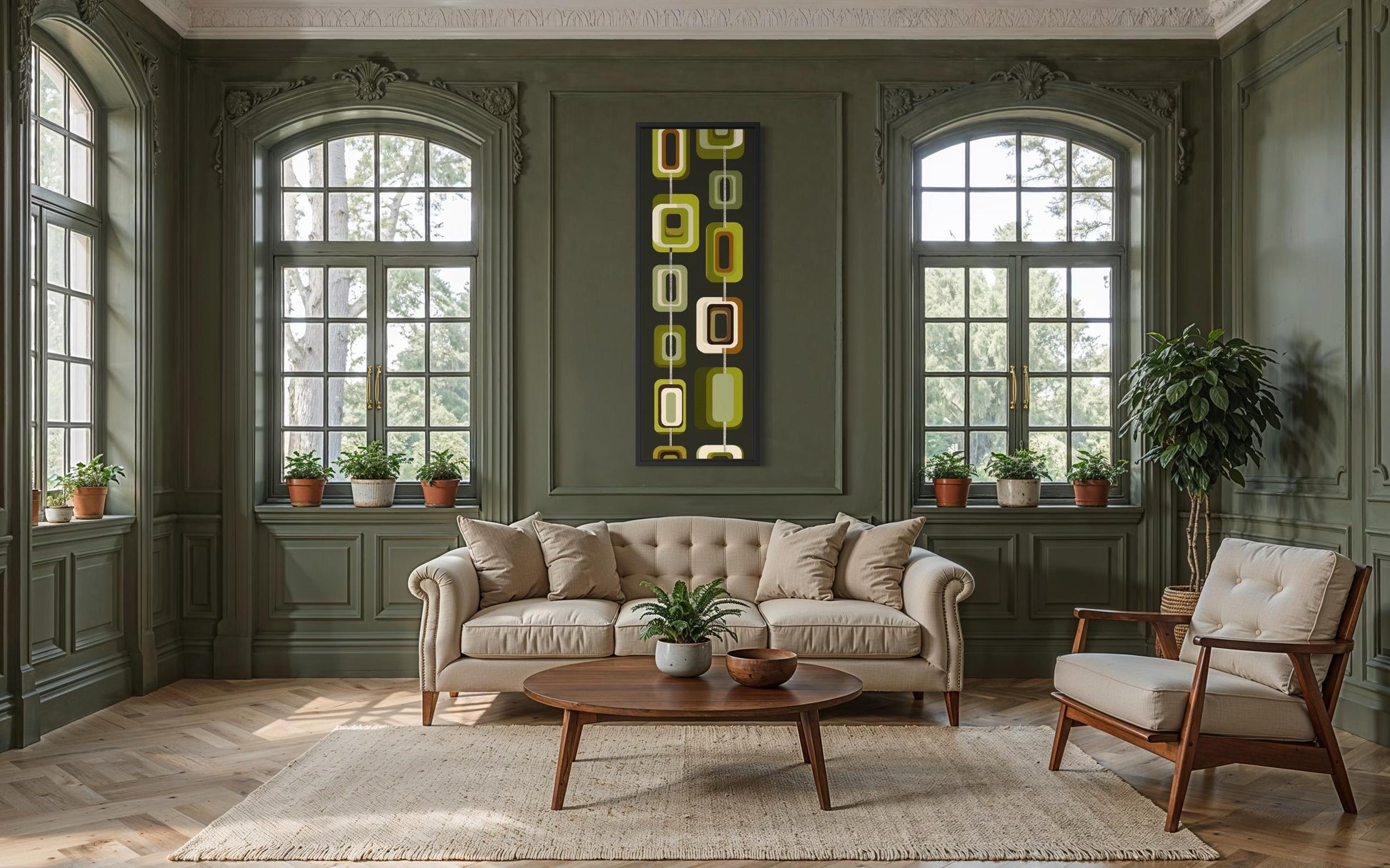 Tall Narrow Mid Century Modern Olive Green Wall Art – Geometric Vertical Canvas Print