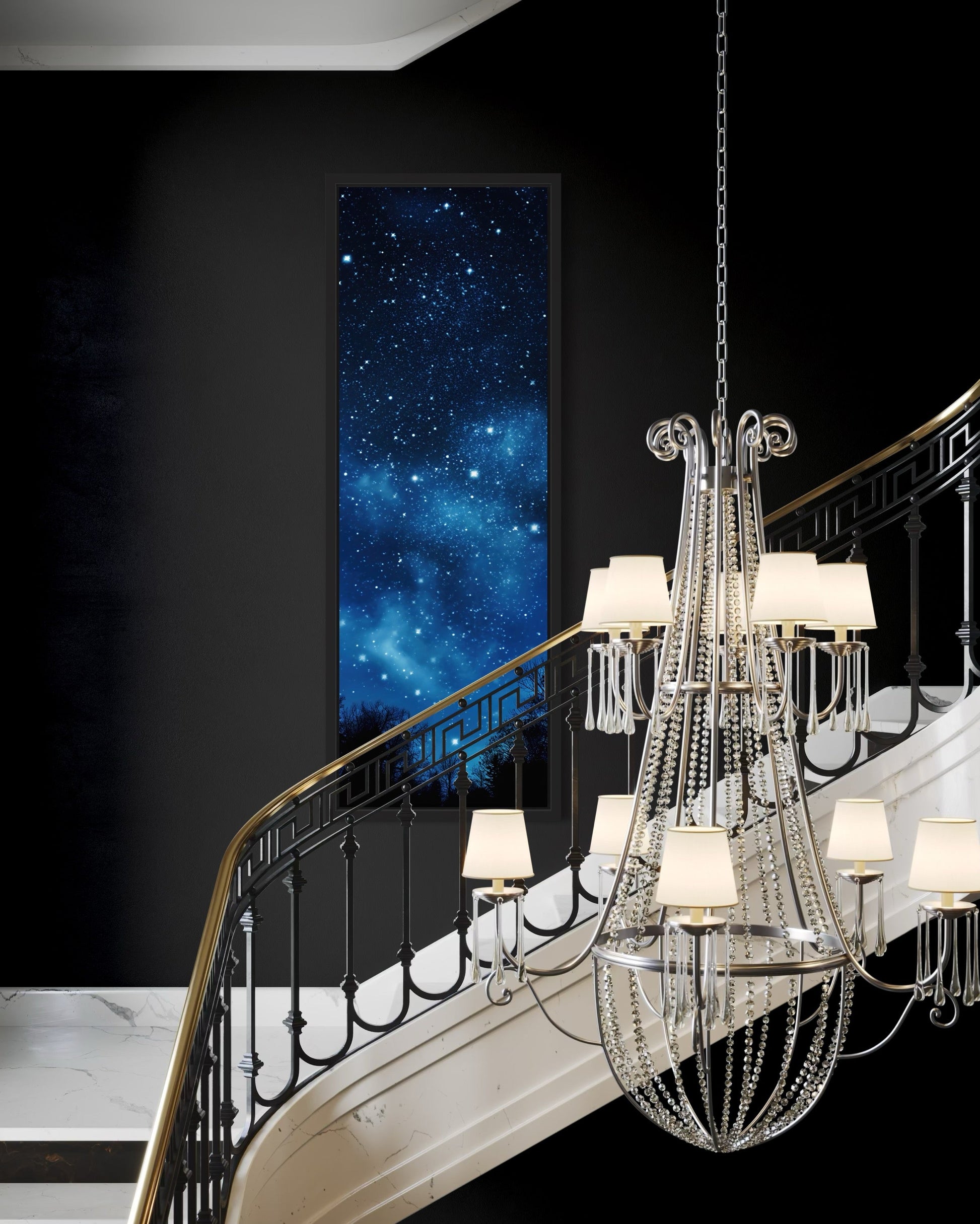 Tall Narrow Milky Way Stars Navy Blue Vertical Framed Canvas Wall Art