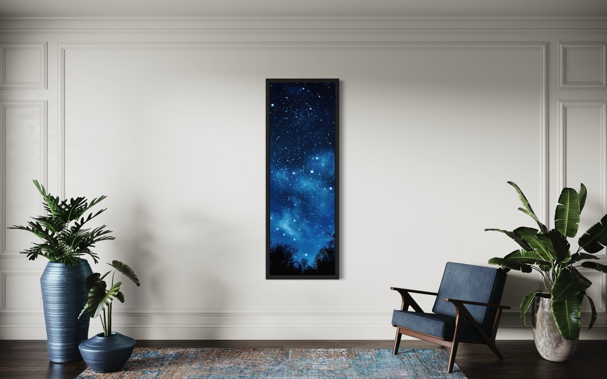 Tall Narrow Milky Way Stars Navy Blue Vertical Framed Canvas Wall Art
