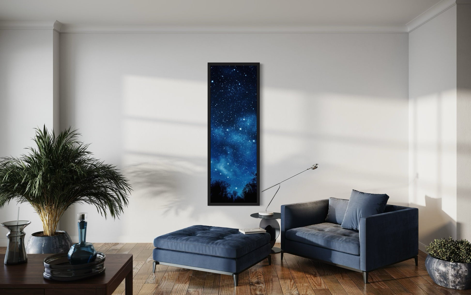 Tall Narrow Milky Way Stars Navy Blue Vertical Framed Canvas Wall Art