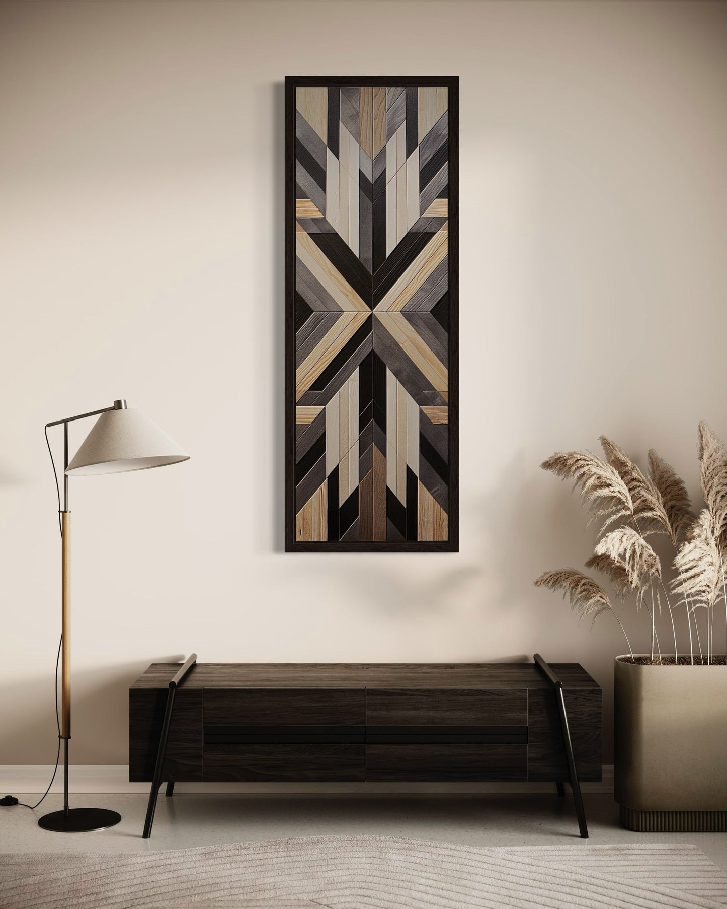 Tall Narrow Neutral Brown Aztec Inspired Vertical Framed Canvas Wall Art