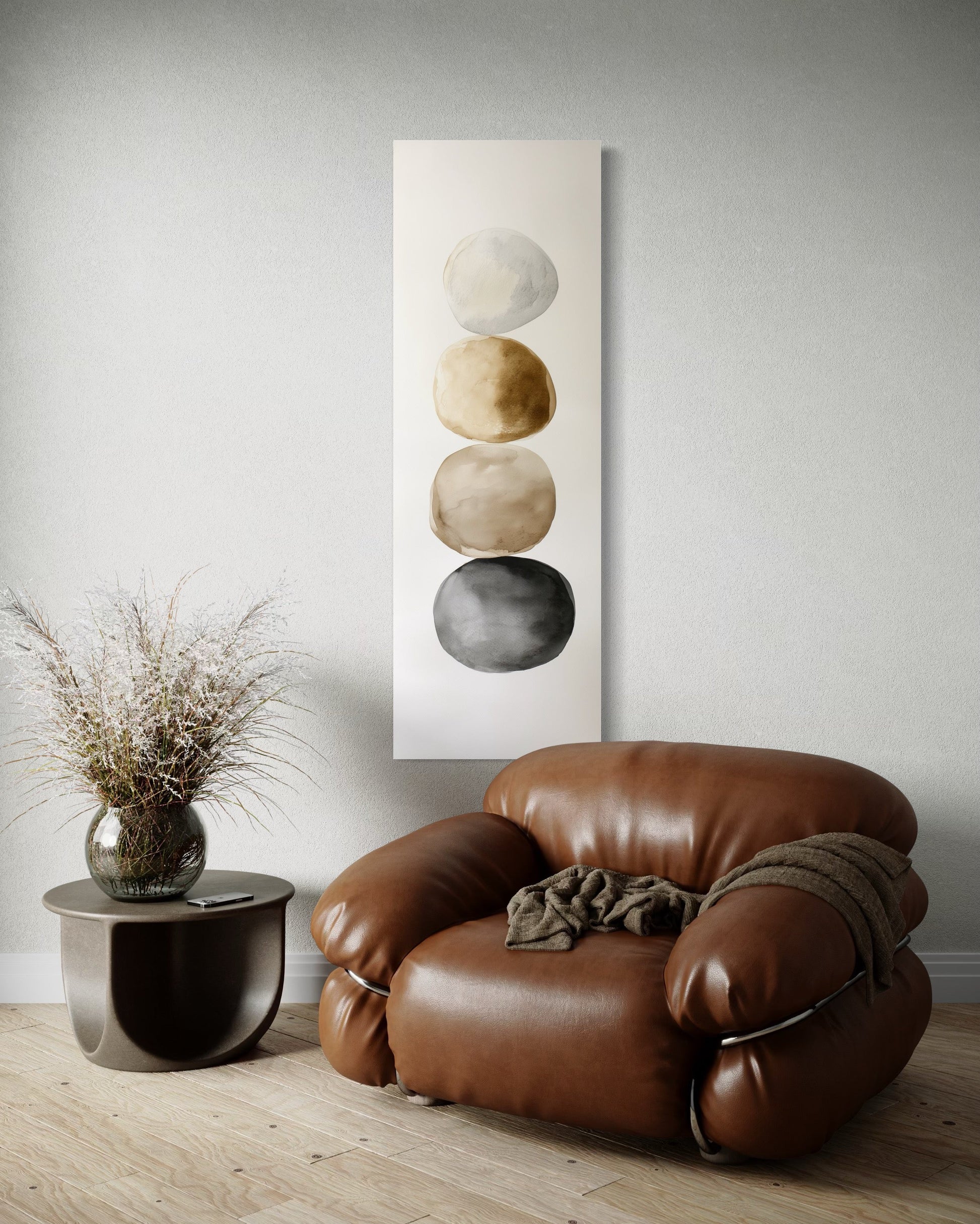 Tall Narrow Neutral Stacked Rocks Zen Vertical Framed Canvas Wall Art