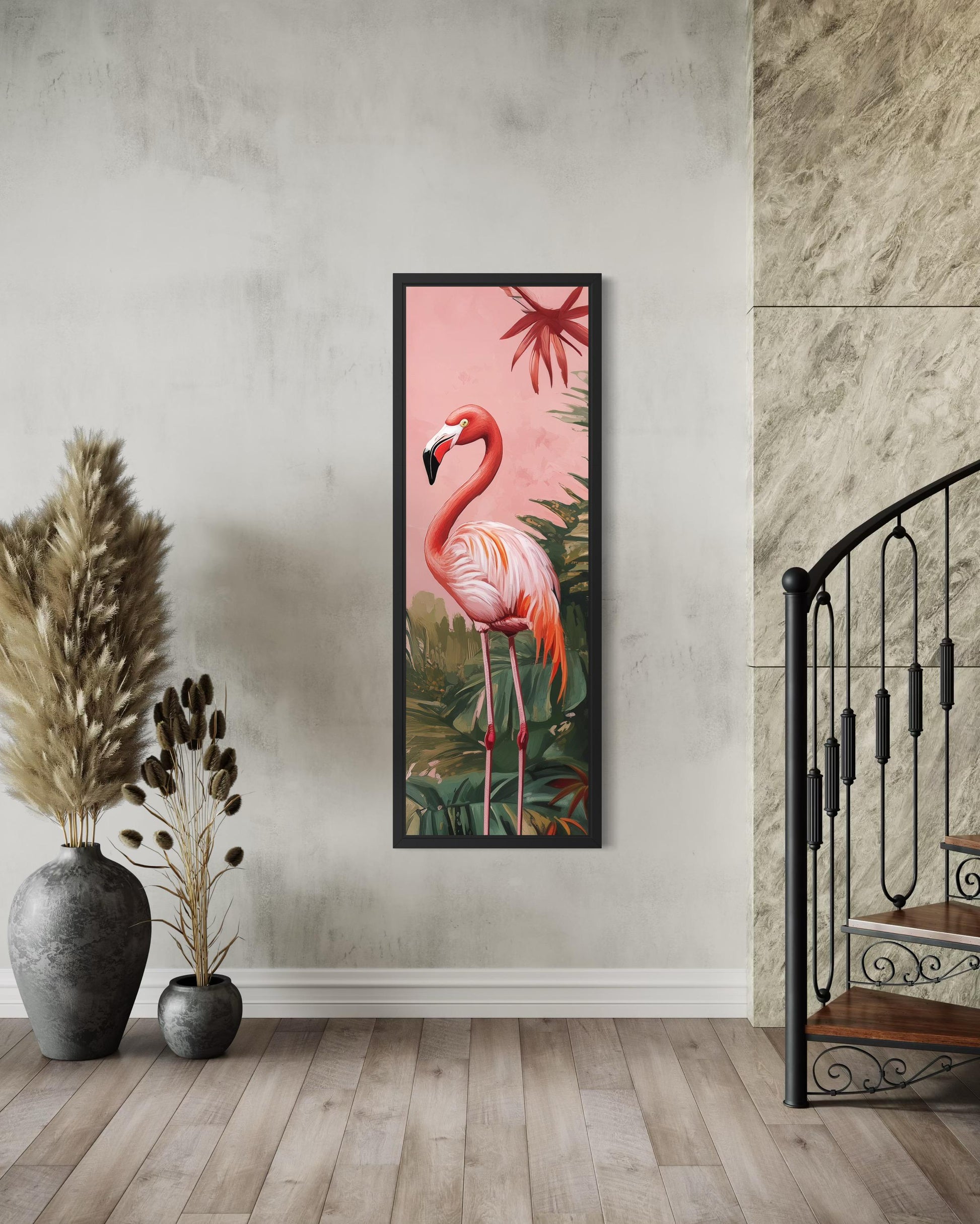 Tall Narrow Pink Flamingo Tropical Wall Art Vertical Canvas Print
