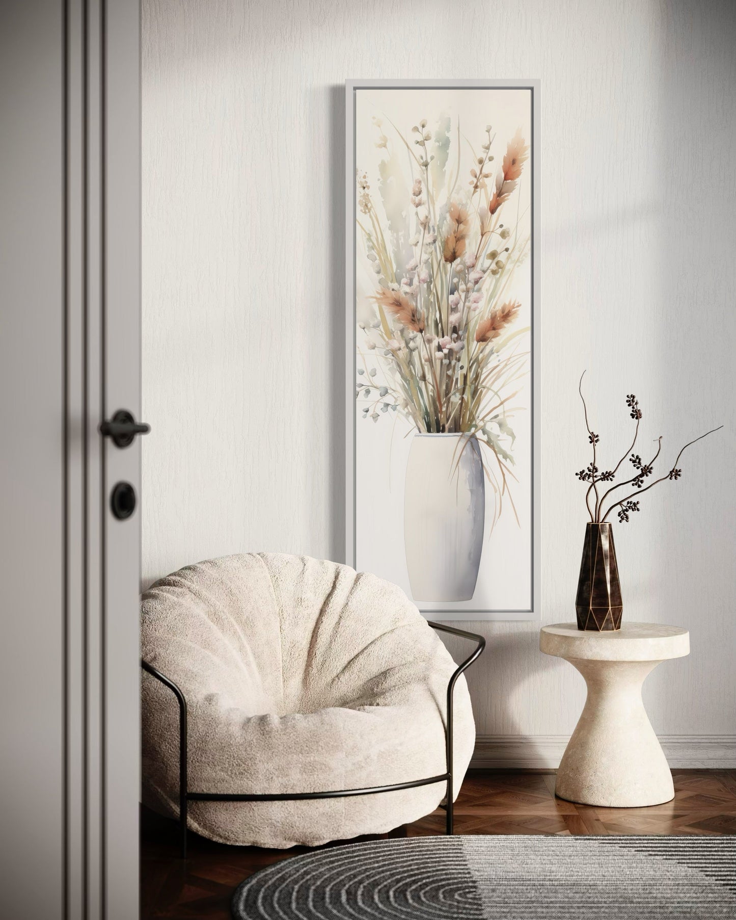 Tall Narrow Pussy Willows Neutral Vertical Wall Art