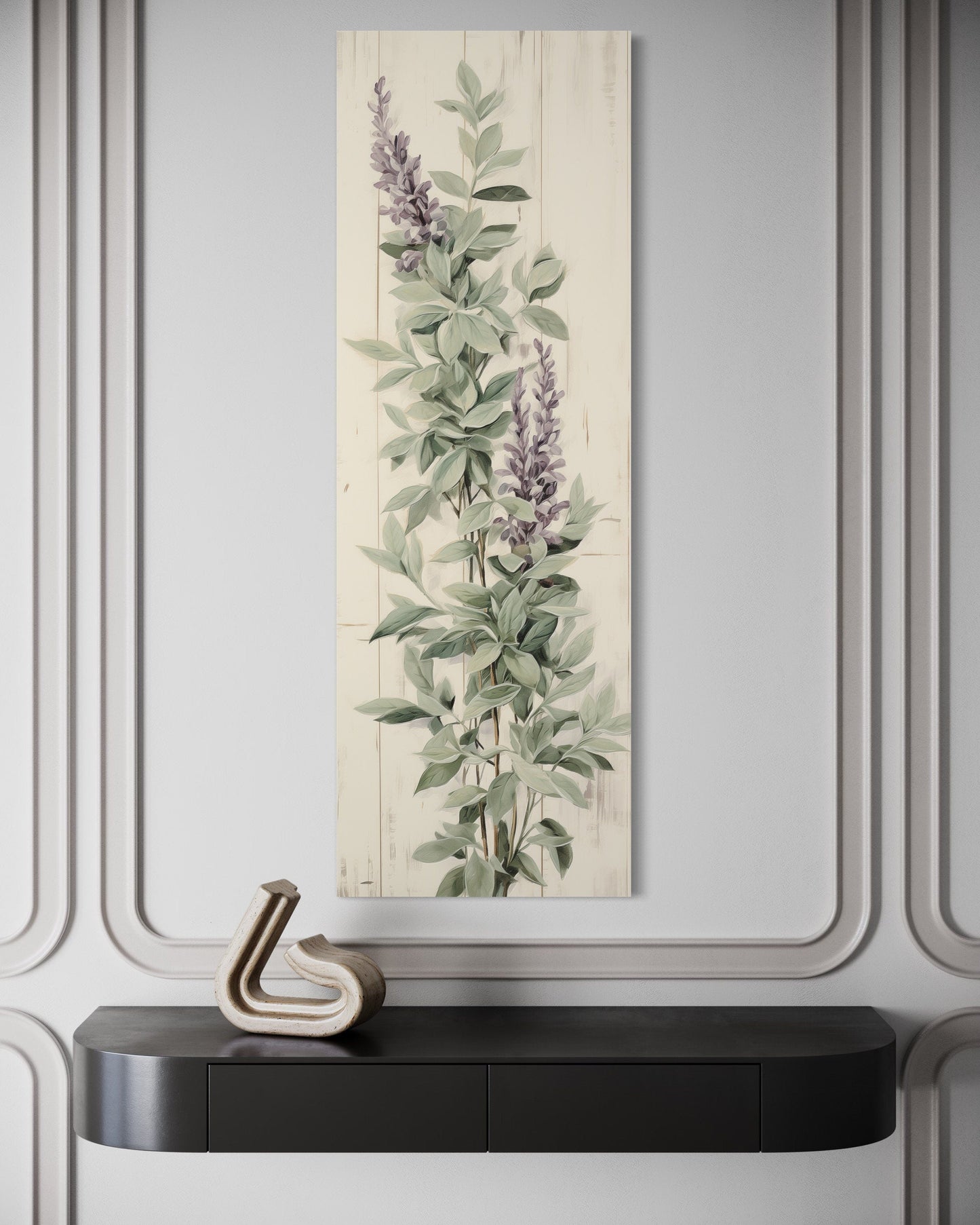 Tall Narrow Sage Green Basil Leaves Purple Flowers Vertical Framed Canvas Wall Art