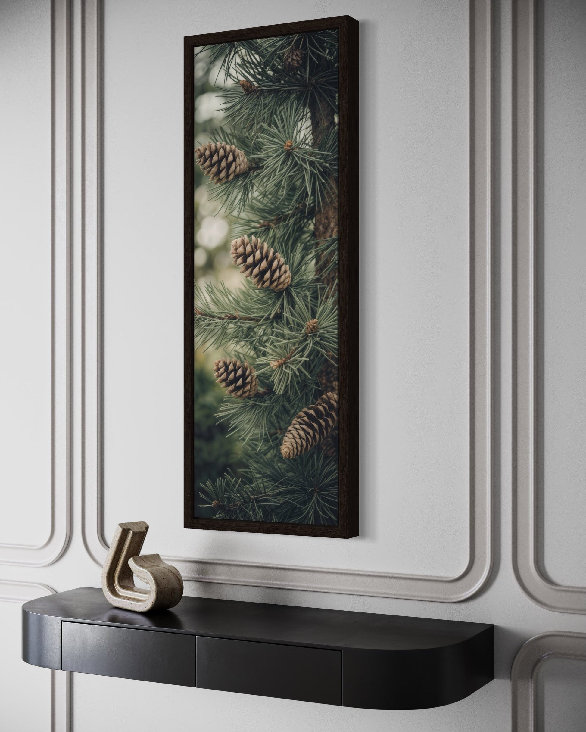 Tall Narrow Sage Green Pine Tree With Pine Cones Vertical Framed Canvas Wall Art