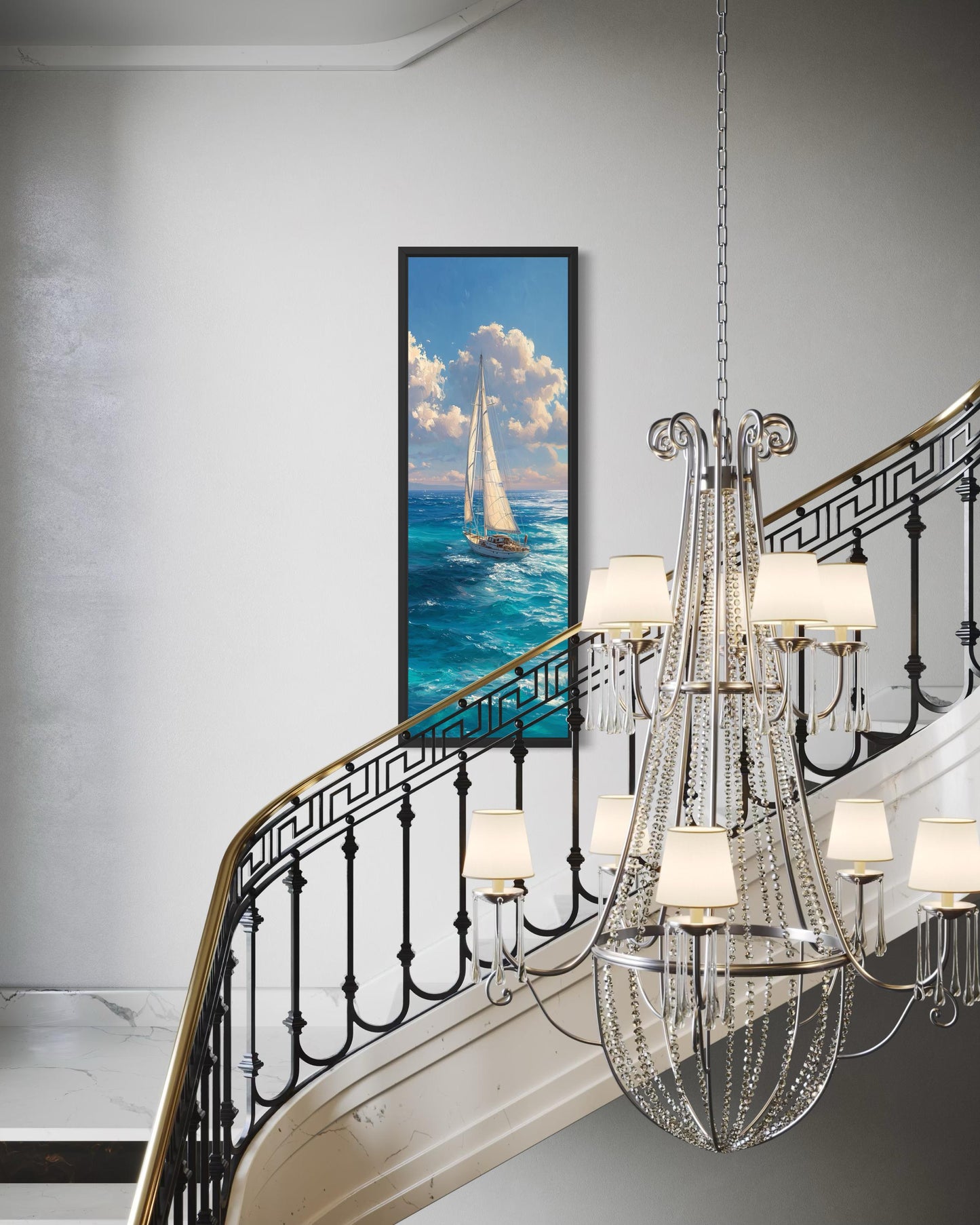 Tall Narrow Sailboat Ocean Wall Art - Vertical Coastal Canvas Print | Nautical Artwork