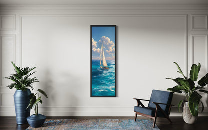 Tall Narrow Sailboat Ocean Wall Art - Vertical Coastal Canvas Print | Nautical Artwork