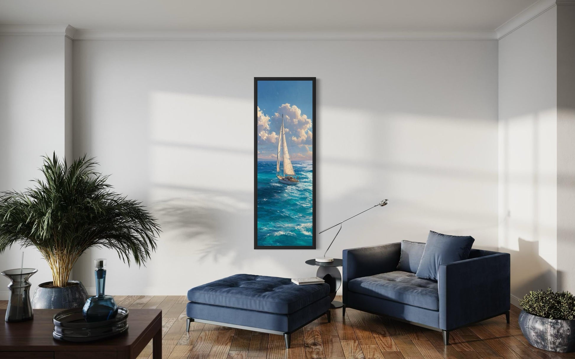 Tall Narrow Sailboat Ocean Wall Art - Vertical Coastal Canvas Print | Nautical Artwork