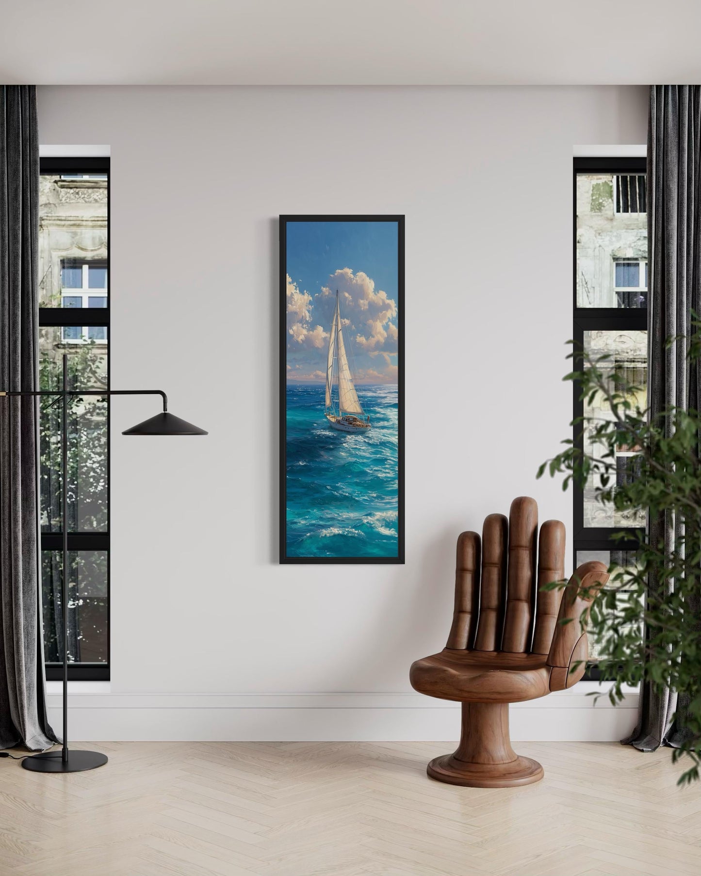 Tall Narrow Sailboat Ocean Wall Art - Vertical Coastal Canvas Print | Nautical Artwork