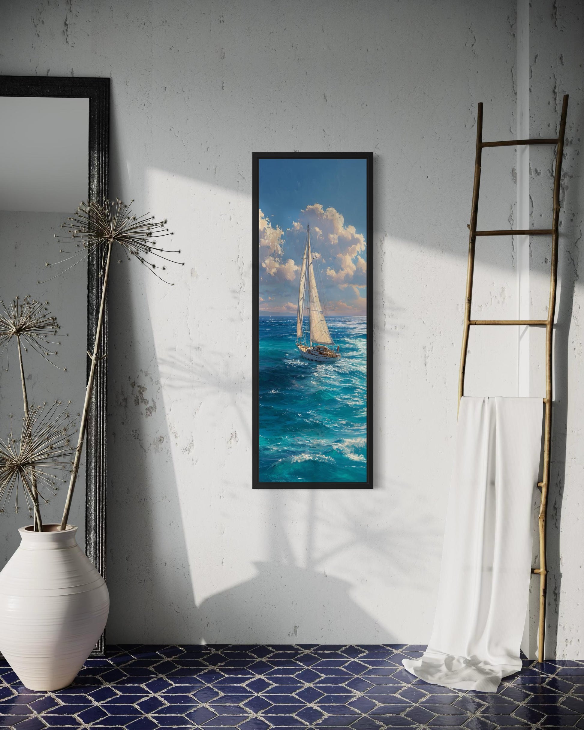 Tall Narrow Sailboat Ocean Wall Art - Vertical Coastal Canvas Print | Nautical Artwork