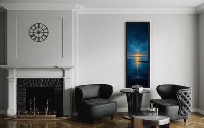 Tall Narrow Sunset Over Ocean Navy Blue Gold Vertical Wall Art