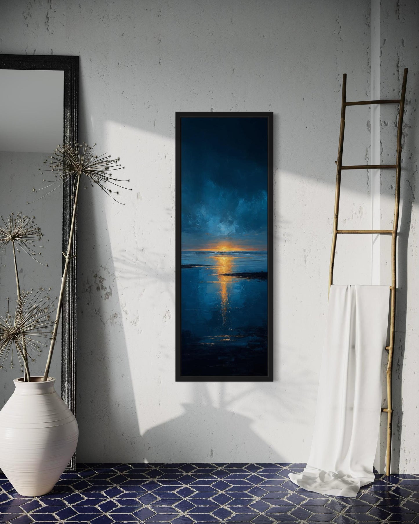 Tall Narrow Sunset Over Ocean Navy Blue Gold Vertical Wall Art