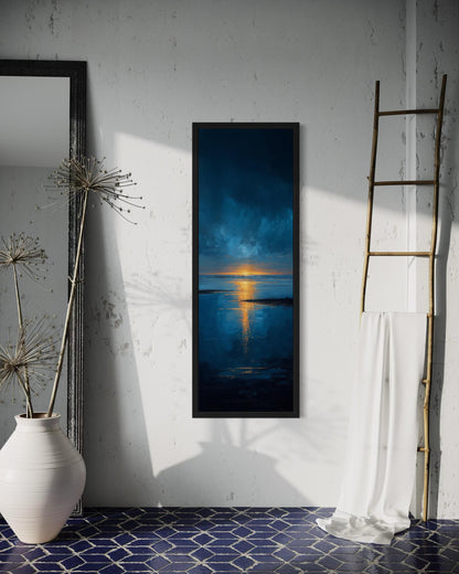 Tall Narrow Sunset Over Ocean Navy Blue Gold Vertical Wall Art