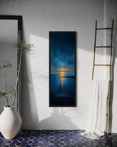 Tall Narrow Sunset Over Ocean Navy Blue Gold Vertical Wall Art