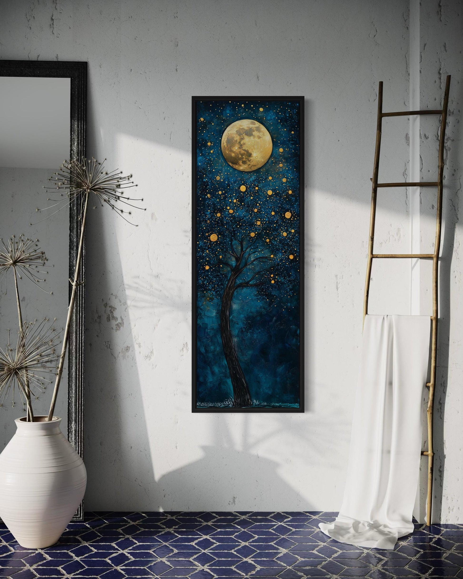 Tall Narrow Magical Tree And Golden Moon On Navy Blue Background Wall Art