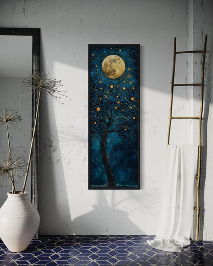 Tall Narrow Magical Tree And Golden Moon On Navy Blue Background Wall Art