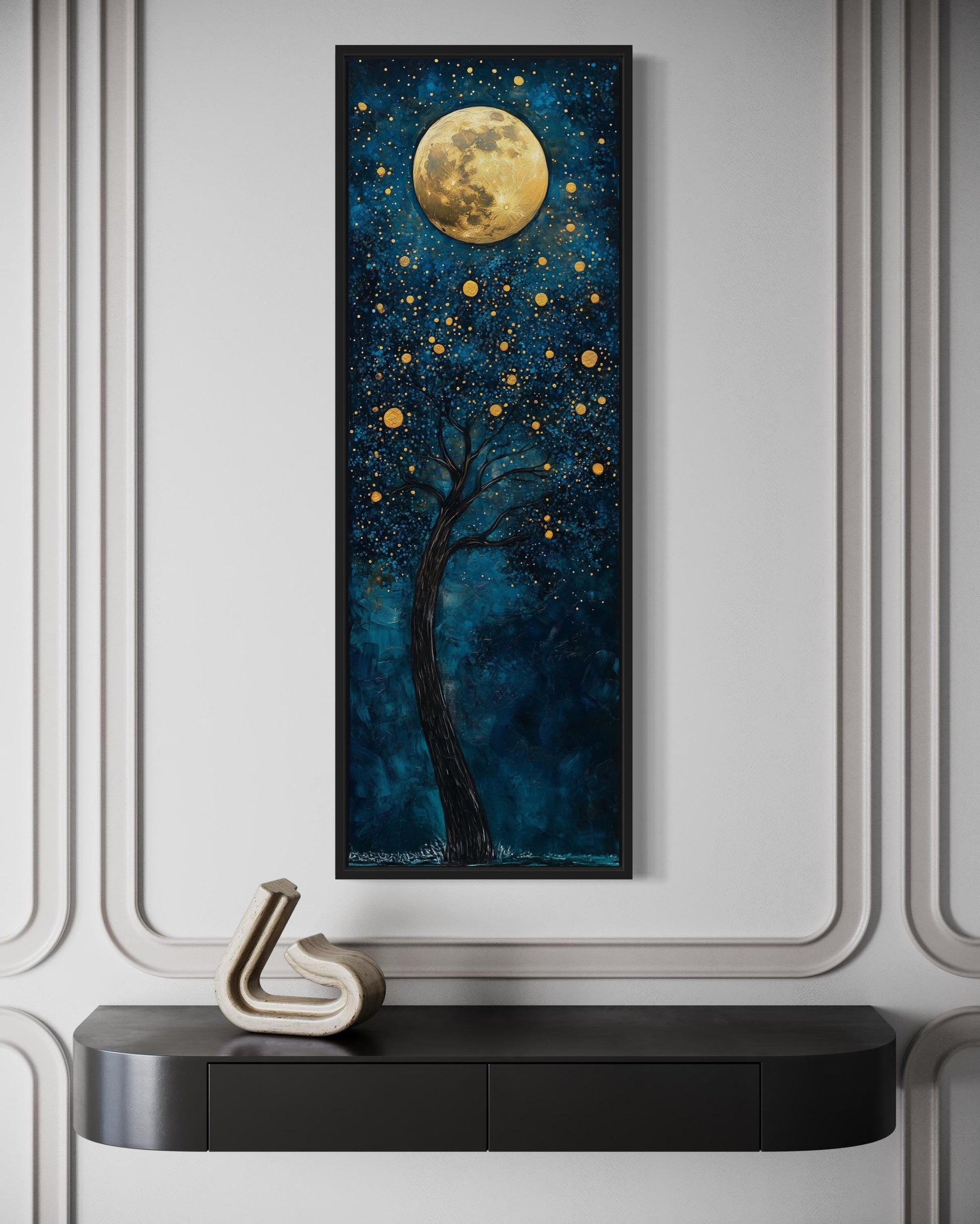 Tall Narrow Magical Tree And Golden Moon On Navy Blue Background Wall Art