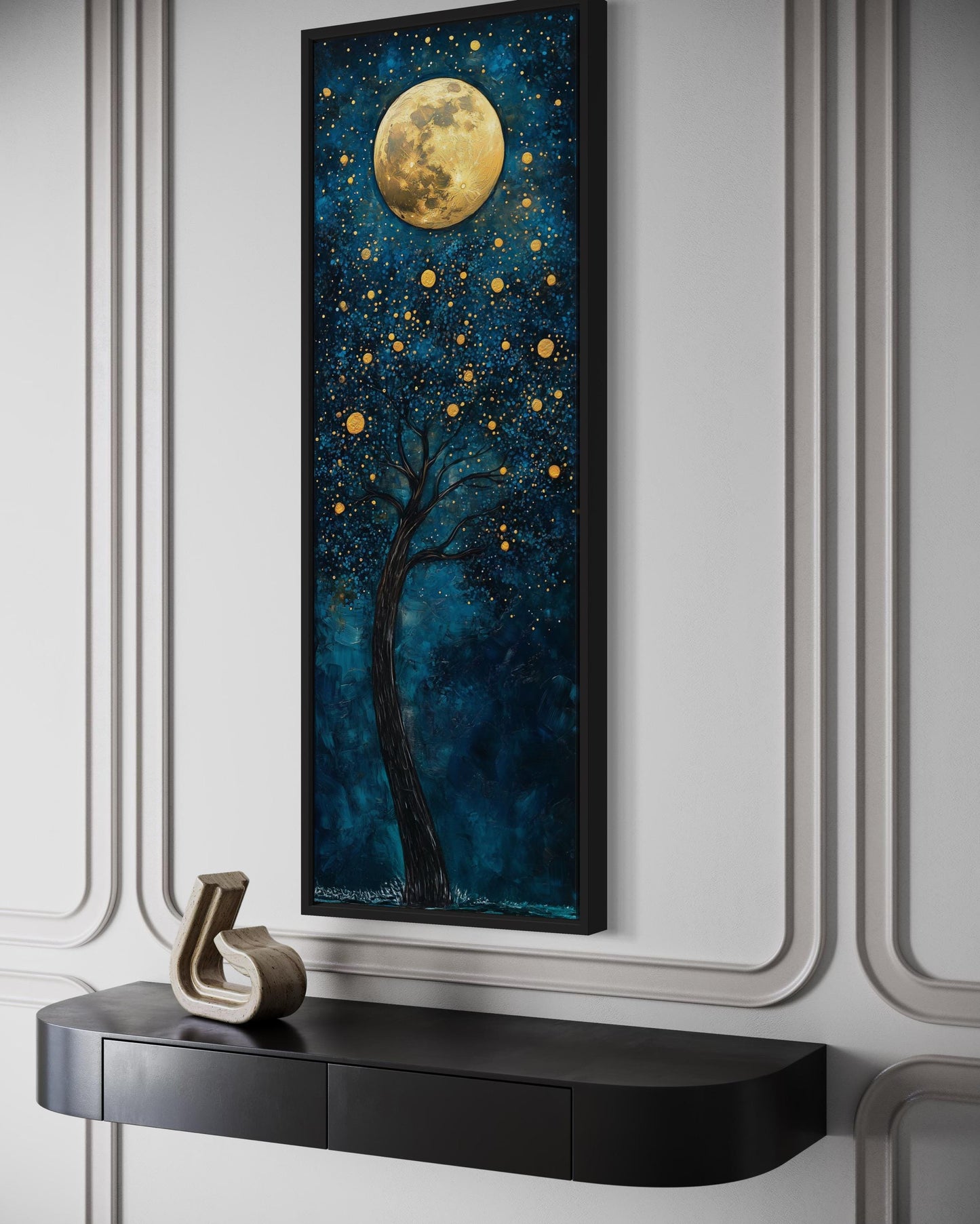 Tall Narrow Magical Tree And Golden Moon On Navy Blue Background Wall Art