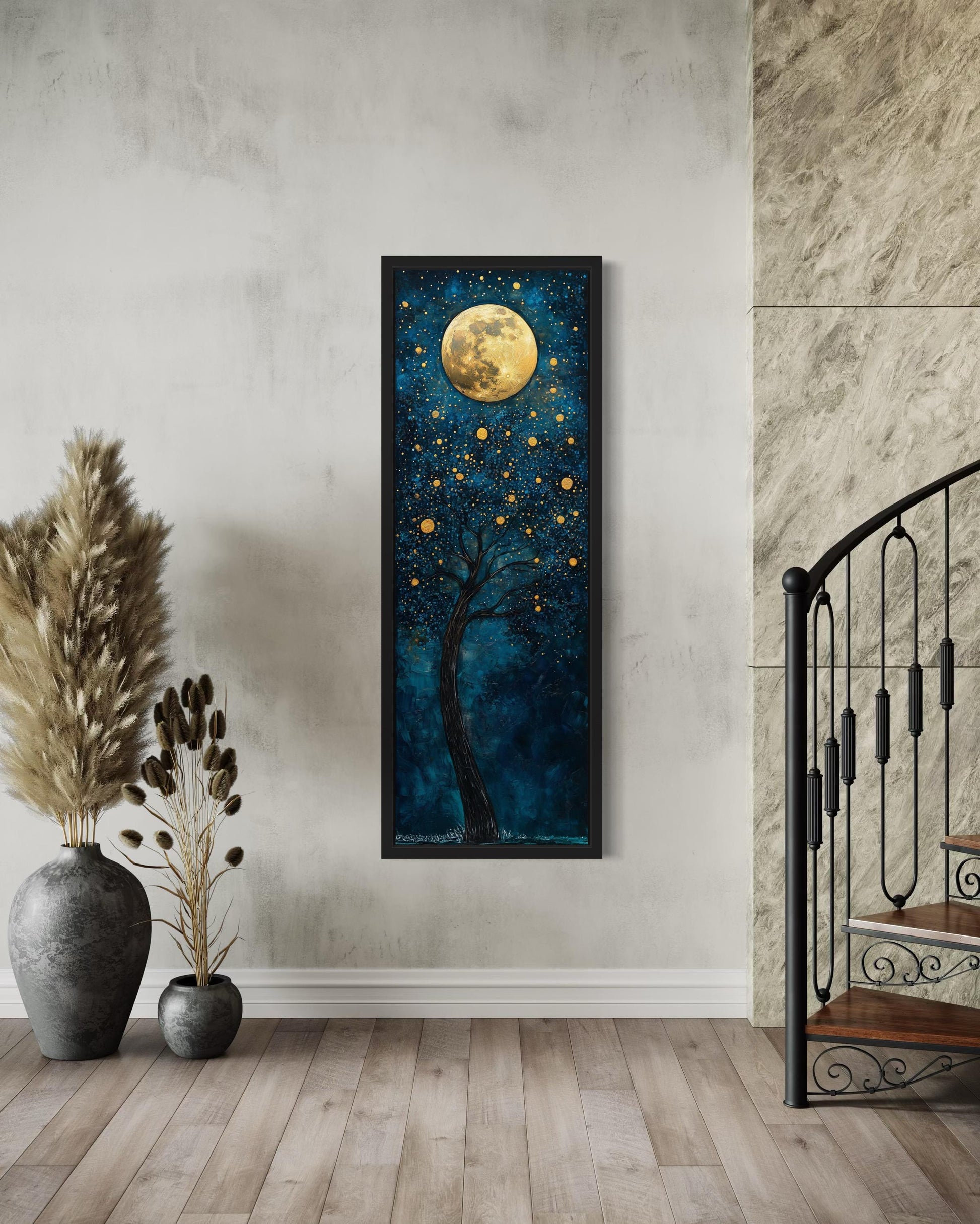 Tall Narrow Magical Tree And Golden Moon On Navy Blue Background Wall Art
