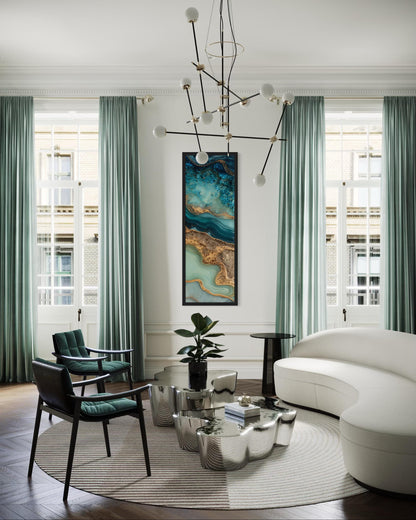 Tall Narrow Vertical Abstract Ocean Inspired Teal Blue Gold Canvas Wall Art