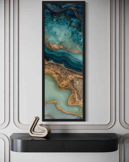 Tall Narrow Vertical Abstract Ocean Inspired Teal Blue Gold Canvas Wall Art