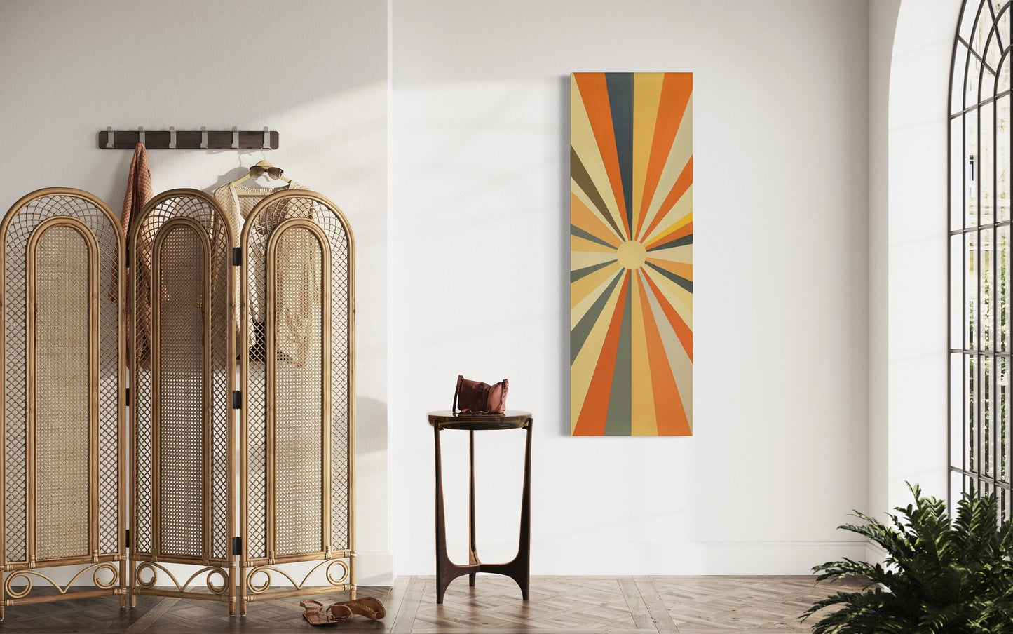 Tall Narrow Vertical Boho Sun Rays Mid Century Modern Wall Art