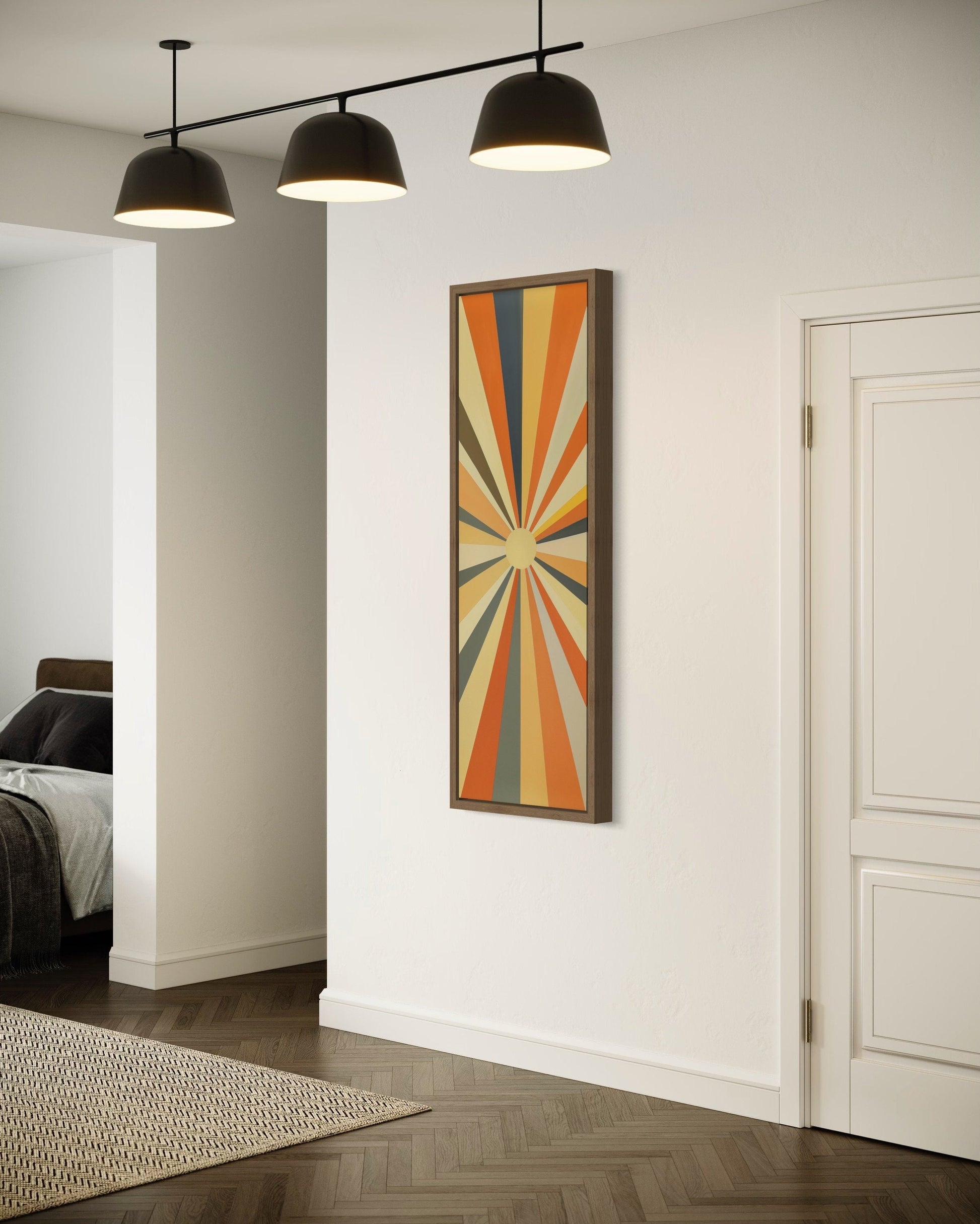 Tall Narrow Vertical Boho Sun Rays Mid Century Modern Wall Art